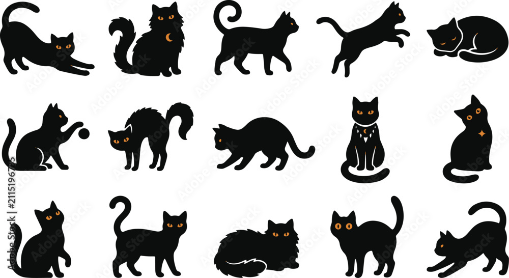 Fototapeta premium Set of various black cat silhouettes in different poses perfect for halloween decorations and spooky graphic design projects