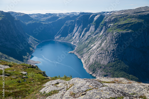Panoramic Norwegian fjord landscape with blue water, steep mountains, and summer greenery seen from high viewpoint.