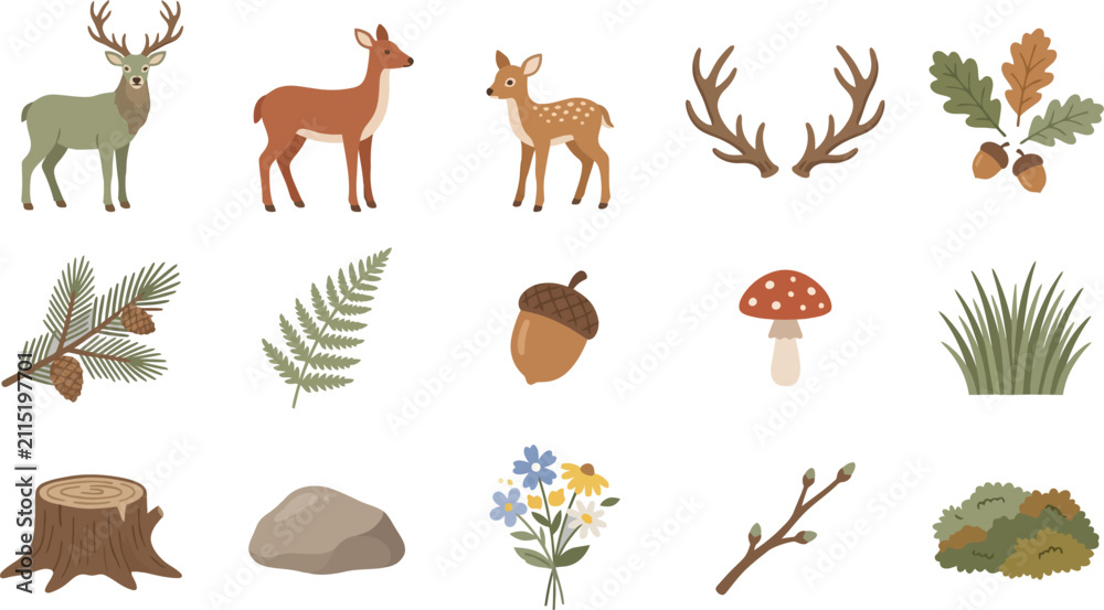 Obraz premium Cute woodland animal icon set with deer, antlers, forest plants, mushrooms, and rustic nature elements design