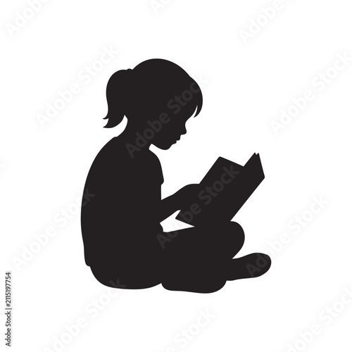 Silhouette of a young girl reading a book, little child sitting and studying vector, black profile of a student learning and reading isolated on White Background back to school