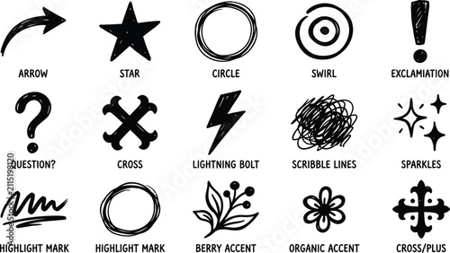 Collection of hand drawn doodle icons featuring various shapes symbols and artistic design elements