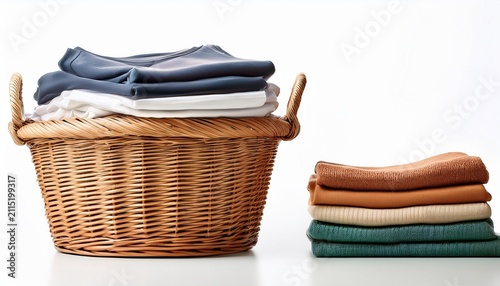 stack of clean clothes and wicker basket with clean laundry isolated on white background