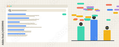 SEO search ranking banner with browser results page magnifier ranking podium and keyword tags, search engine optimization marketing concept vector illustration
