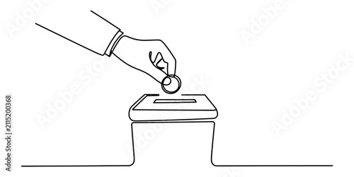 Foto Continuous single line drawing of a hand putting a coin into a donation box for