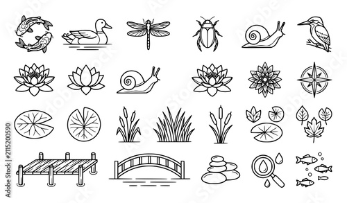Bild auf Leinwand Aquatic pond wildlife outline icon collection with frogs fish water lilies and w