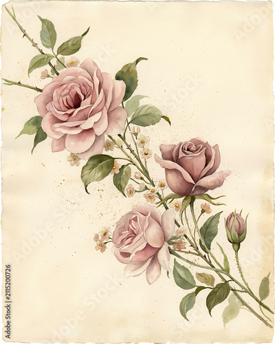 An watercolor of a blooming rose branch with three pink roses and small white flowers on a textured vintage paper background