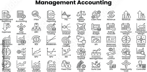 Management accounting icon set. Includes economy, business, financial, management and more