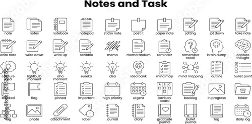 Notes and task icon set. Includes reminder, priority, deadline, completed, calendar, schedule, notification.