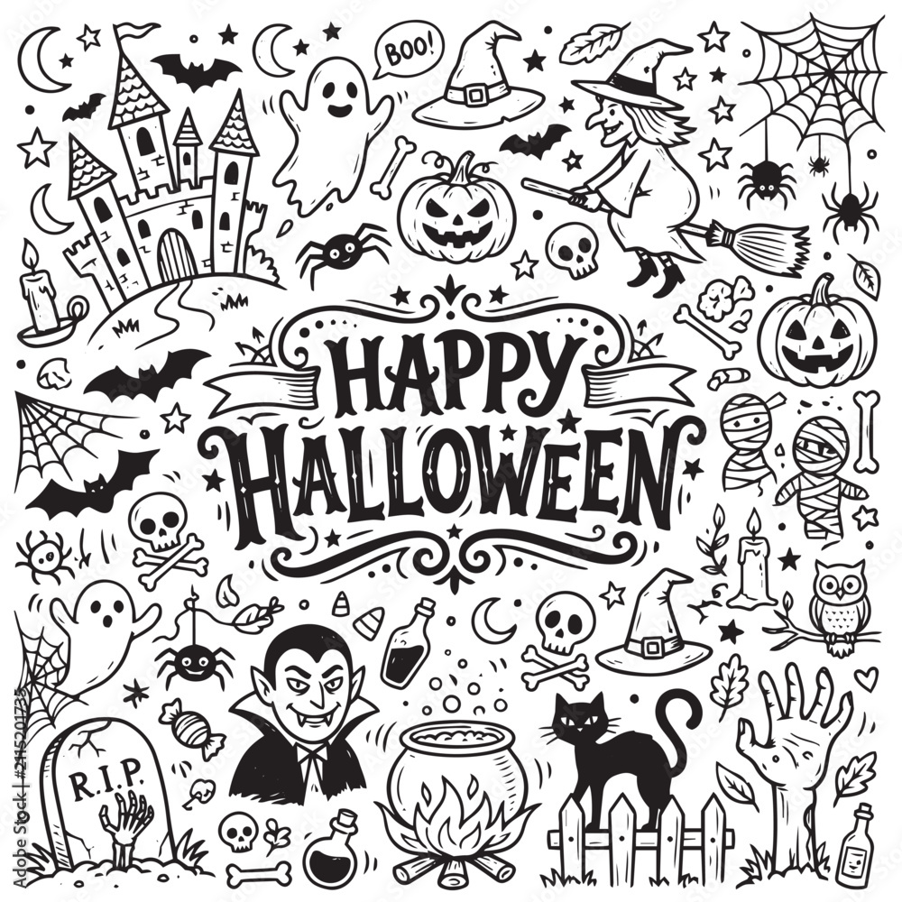 Fototapeta premium A playful black-and-white Halloween doodle collage with the text ‘HAPPY HALLOWEEN’ in bold letters at the center