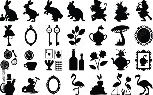 Alice in wonderland silhouette icons set with rabbit mad hatter playing cards and tea cup