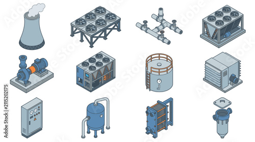Industrial machinery and equipment isometric set.