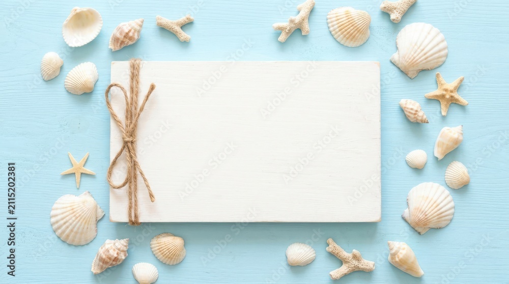 Obraz premium Seashells and blank sign on blue summer background, seashells blank sign, starfish beach theme, flat lay copy space, summer