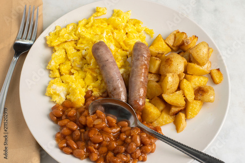 scramble eggs with baked beans and  sausages