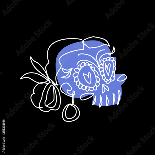 Sugar skull with floral hair piece and hoop earring in line art outline style with periwinkle blue color accent on black background. Mexican Day of the Dead Dia de los Muertos hand-drawn vector