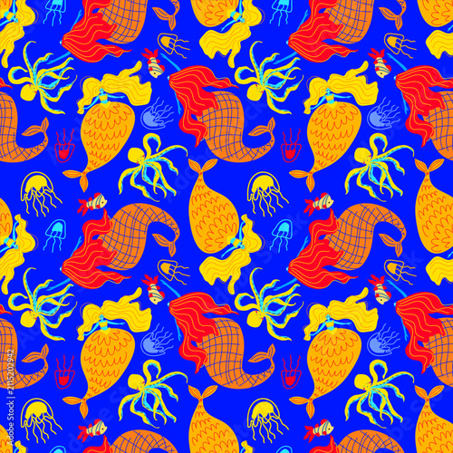Seamless vector pattern with cute mermaids, octopus, jellyfish, and small fish on a vibrant blue background. Colorful underwater ocean life hand-drawn illustration for kids fabric, textile, wrapping
