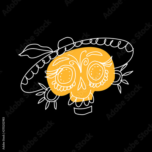 Sugar skull wearing sombrero hat in line art outline style with yellow accent on black background. Mexican Day of the Dead Dia de los Muertos hand-drawn vector illustration for Halloween, fiesta party