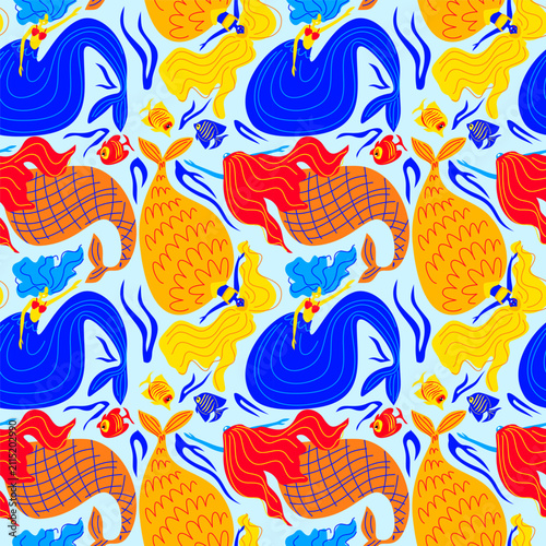 Seamless vector pattern with beautiful mermaids, small fish, and seaweed on light blue background. Underwater ocean life colorful hand-drawn illustration for kids fabric, textile, wrapping paper