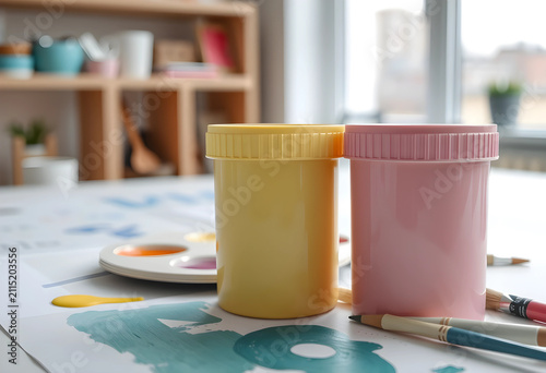 Yellow and pink paint conta...