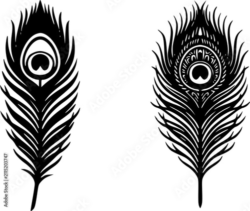 Two black silhouette illustrations of elegant peacock feathers Mor Pankh in minimal and detailed ornate styles with decorative eye pattern, flat vector design perfect for Janmashtami festival, Lord Kr