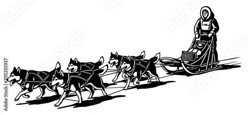 Obraz na plátně Dog sled team with musher in arctic winter landscape, husky sledding adventure w