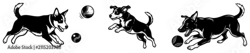 Foto Dogs playing with balls and fetching set, active pet exercise and fun woodcut ve