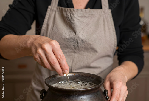 Woman in apron stirring liq...