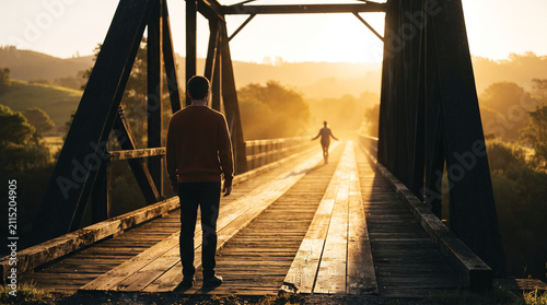 Man Standing on a Wooden Bridge at Sunset Watching Another Person Walking Away in the Distance