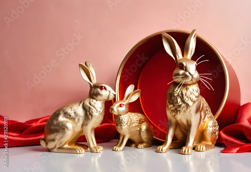 Three golden rabbit figurin...