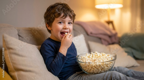 Young boy eating popcorn on sofa in cozy living room, family entertainment and happy childhood moment