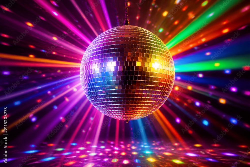 Obraz premium Disco ball reflecting multicolored lights in nightclub dance floor