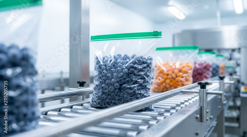 Frozen berries packing machine carrying bags of blueberries on conveyor, food production and industrial automation