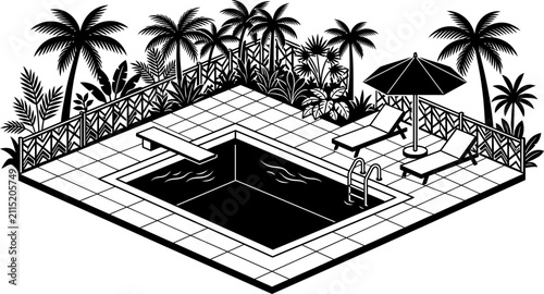 Obraz na płótnie Swimming pool with sun loungers isometric vector illustration for resort holiday