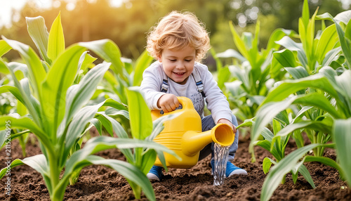 Young boy watering plants in cornfield during sunny day  