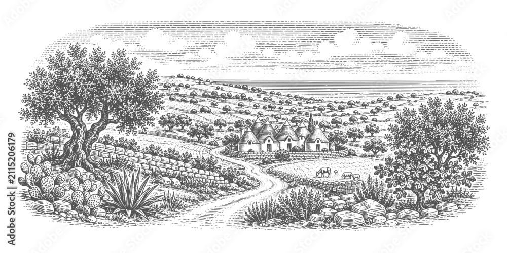 Obraz premium South Italian countryside with trulli houses and olive groves. Vintage woodcut engraving linocut style vector illustration.