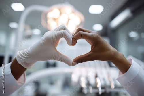 Human-centered care: intimate portrait of a dentist and patient sharing a heart gesture