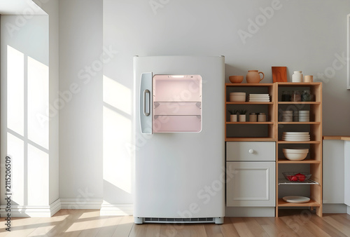 Empty white refrigerator wi...