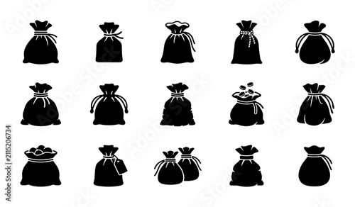 Bild auf Leinwand Black sack icons set, 15 money bag vector silhouettes, drawstring pouch collecti