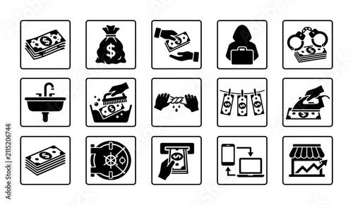 Cuadro en lienzo Money laundering icon set, financial crime and illegal currency transaction symb