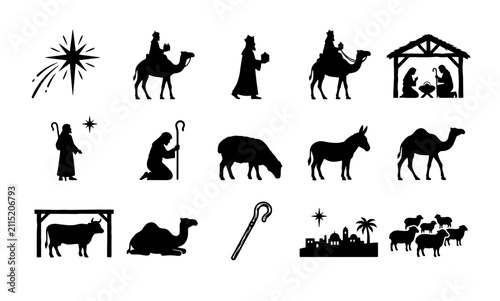 Foto Nativity scene silhouette icons set, Christmas religious story elements with 15