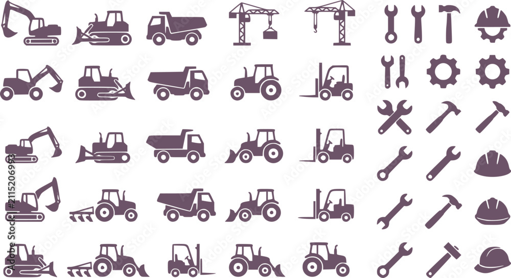 Fototapeta premium Construction Vehicles and Heavy Machinery Silhouette Icons, Tractor and Excavator Vector Collection