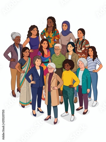 Diverse group of women of different ages ethnicities and professions standing together
