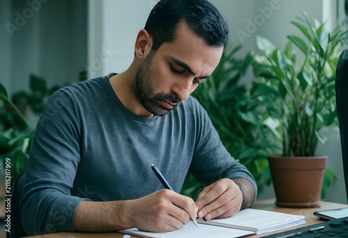 Focused young man writing o...