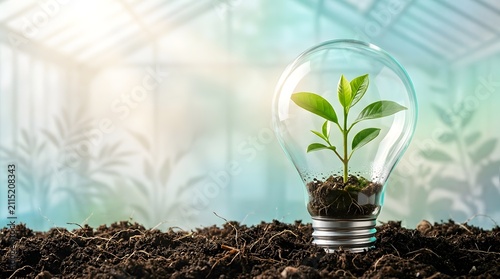 Green energy innovation concept showing plant growing inside lightbulb on soil representing sustainable business growth