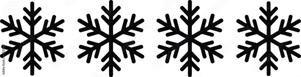 Fototapeta premium A horizontal row of four black snowflake icons isolated on a white background for winter holiday design projects