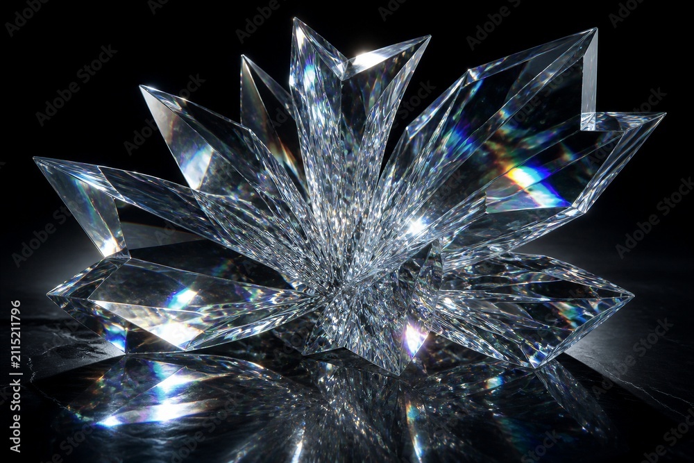 Obraz premium Faceted crystal sculpture reflecting light on dark surface