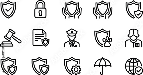 Cyber security and legal protection icon set featuring shield padlock police officer gavel umbrella and globe line vectors