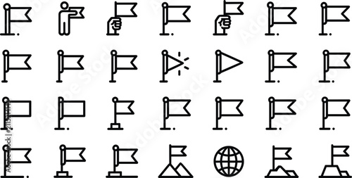Minimalist black line flag icon set representing goal achievement success leadership location markers strategic navigation and business milestones