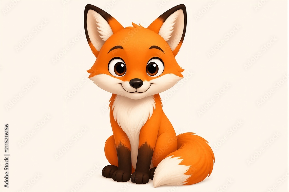 Fototapeta premium Young fox sitting facing viewer on plain white background