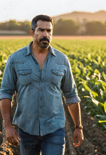Serious hispanic farmer wal...