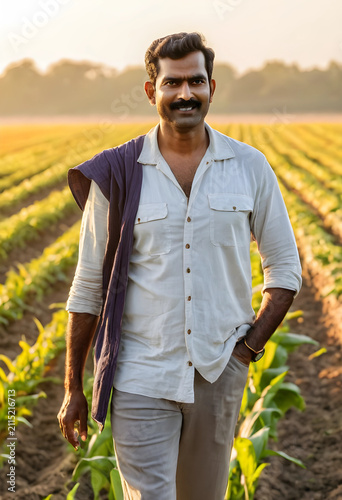 Smiling indian farmer stand...